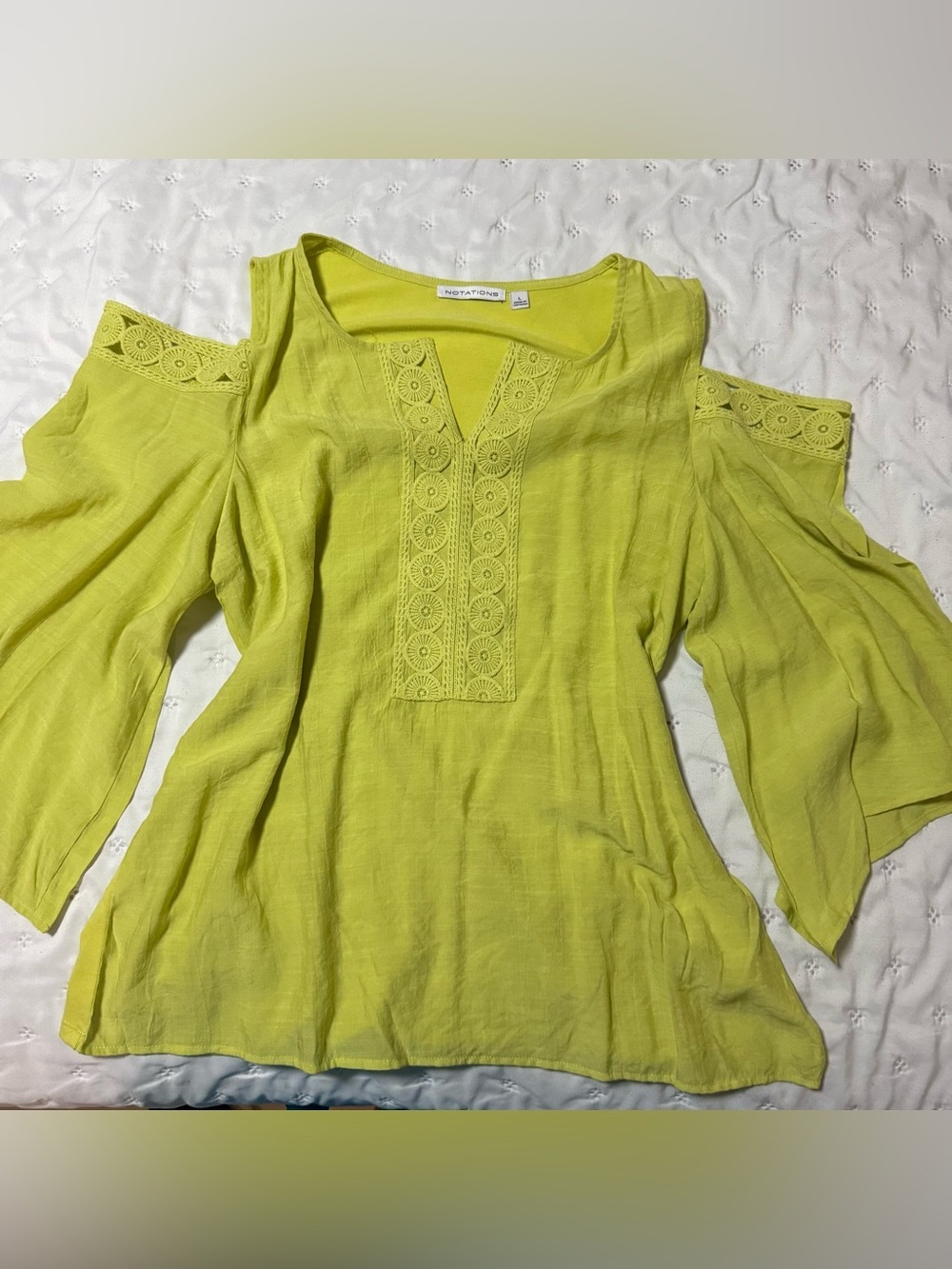Notations Lime Cold-Shoulder Embroidered Tunic Top